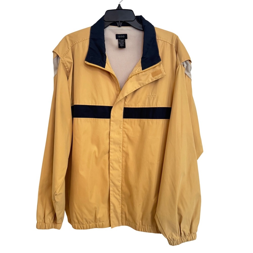 Izod Mens Windbreaker Jacket Tan Navy Blue Stripe Mesh Lined Full Zip Large